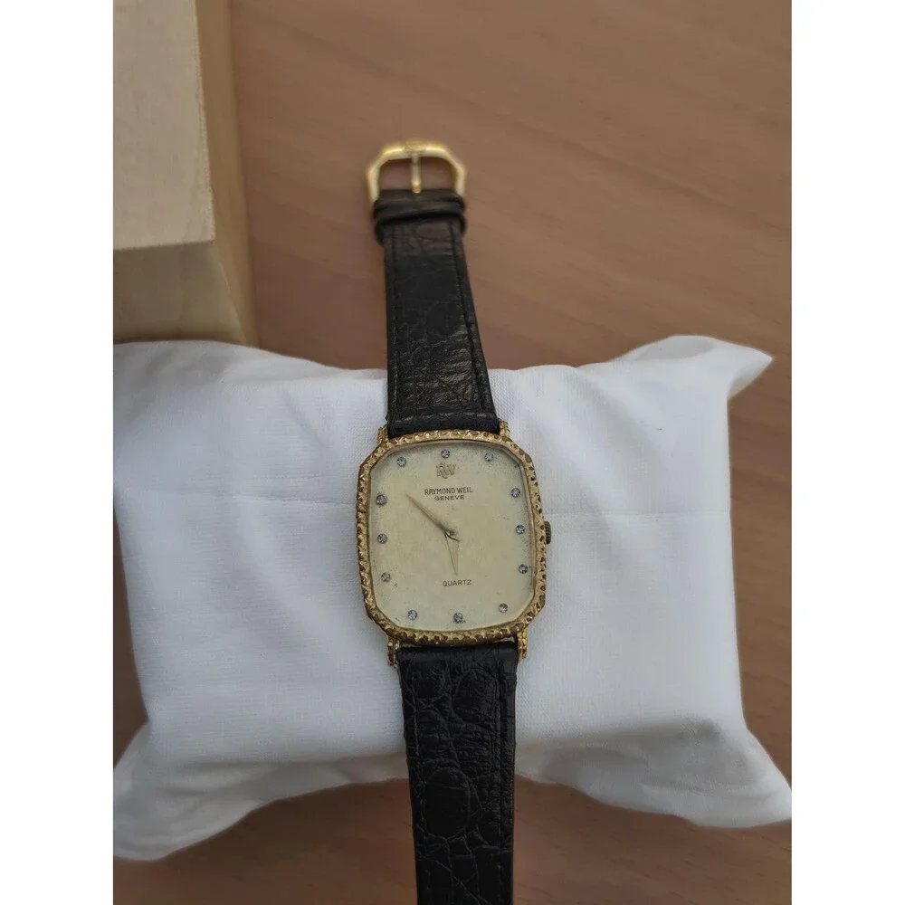 VTG Raymond Weil Geneve Champagne Watch 18K Gold Electroplated 9528 Rhinestone